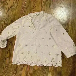 Madewell XS cream blouse eyelit popover scallop hem